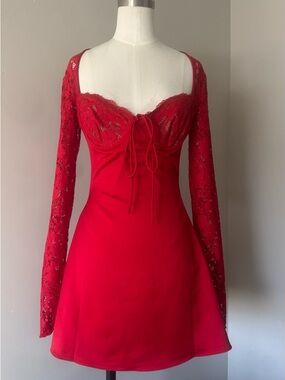 House of cb Red Lace Sleeve Fit-and-Flare Dress